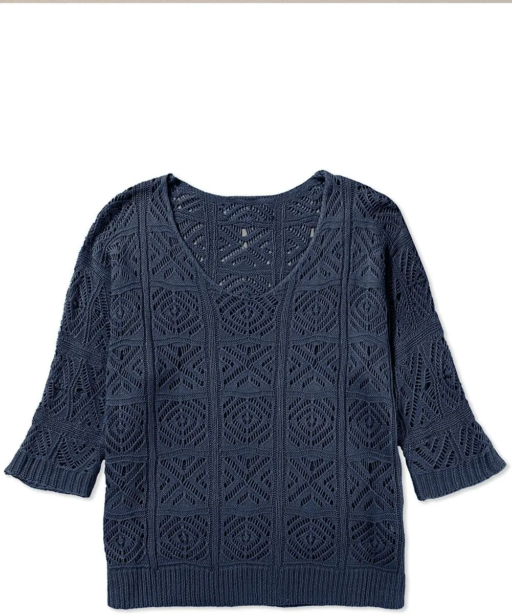 Sidefeel Women's 2025 Spring Summer Crochet Tops Off The Shoulder Hollow Out Knit Tops 3/4 Sleeve Pullover Sweater Cover Ups