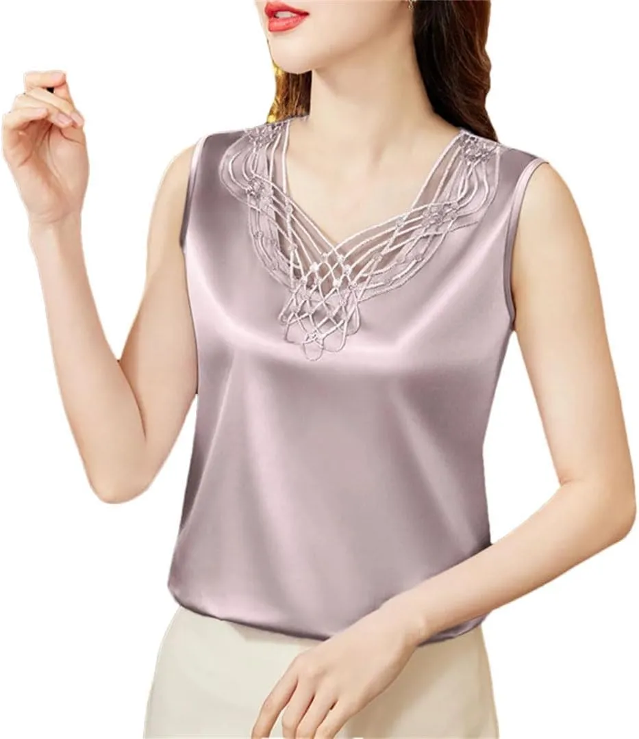 Sleeveless Beaded Camisole Vest for Women Fashion Summer Tank Tops Patchwork Casual Silk Satin Camis