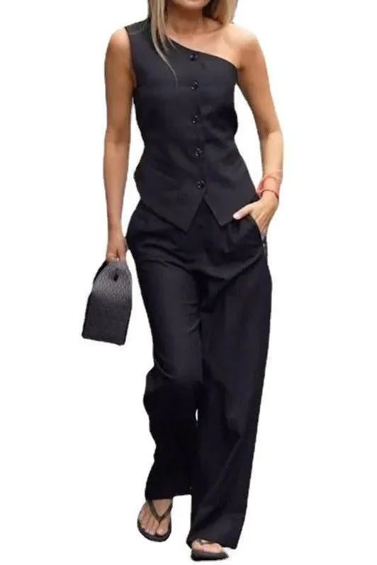 Sleeveless high waist straight casual suit