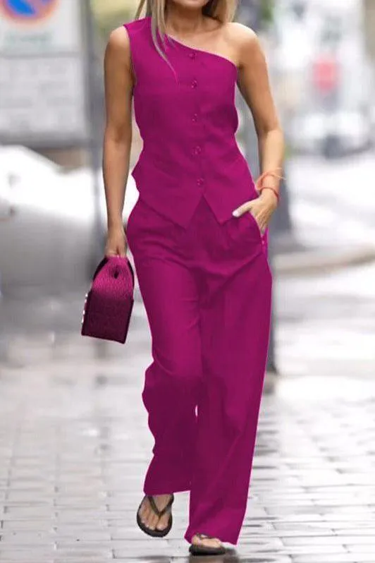 Sleeveless high waist straight casual suit