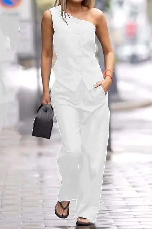 Sleeveless high waist straight casual suit