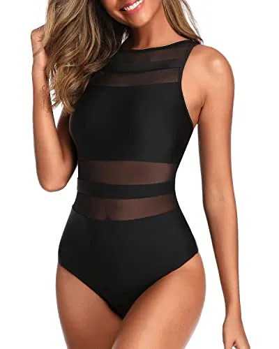 Slimming High Neck One Piece Swimsuits For Women Mesh Bathing Suits-Black