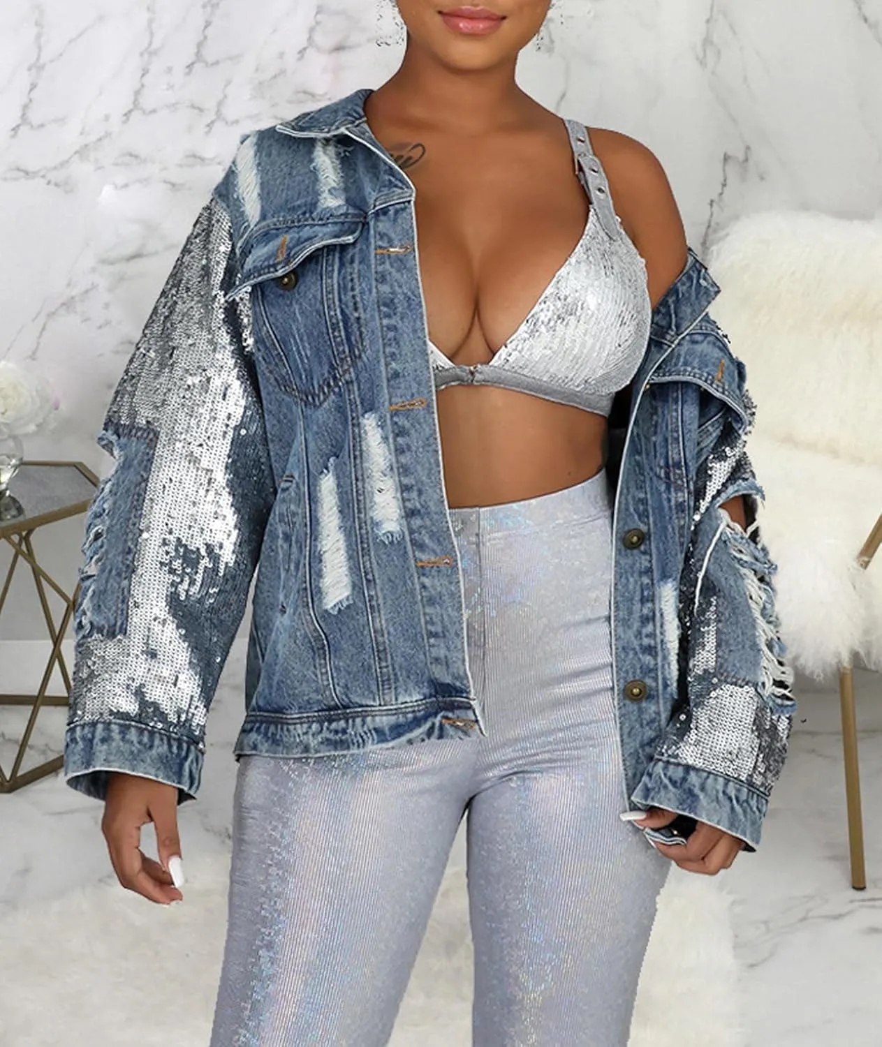 SOMTHRON Women's Sequin Long Sleeve Ripped Denim Jackets Glitter Sparkly Button Down Distressed Jean Coats Outwear