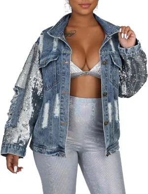 SOMTHRON Women's Sequin Long Sleeve Ripped Denim Jackets Glitter Sparkly Button Down Distressed Jean Coats Outwear
