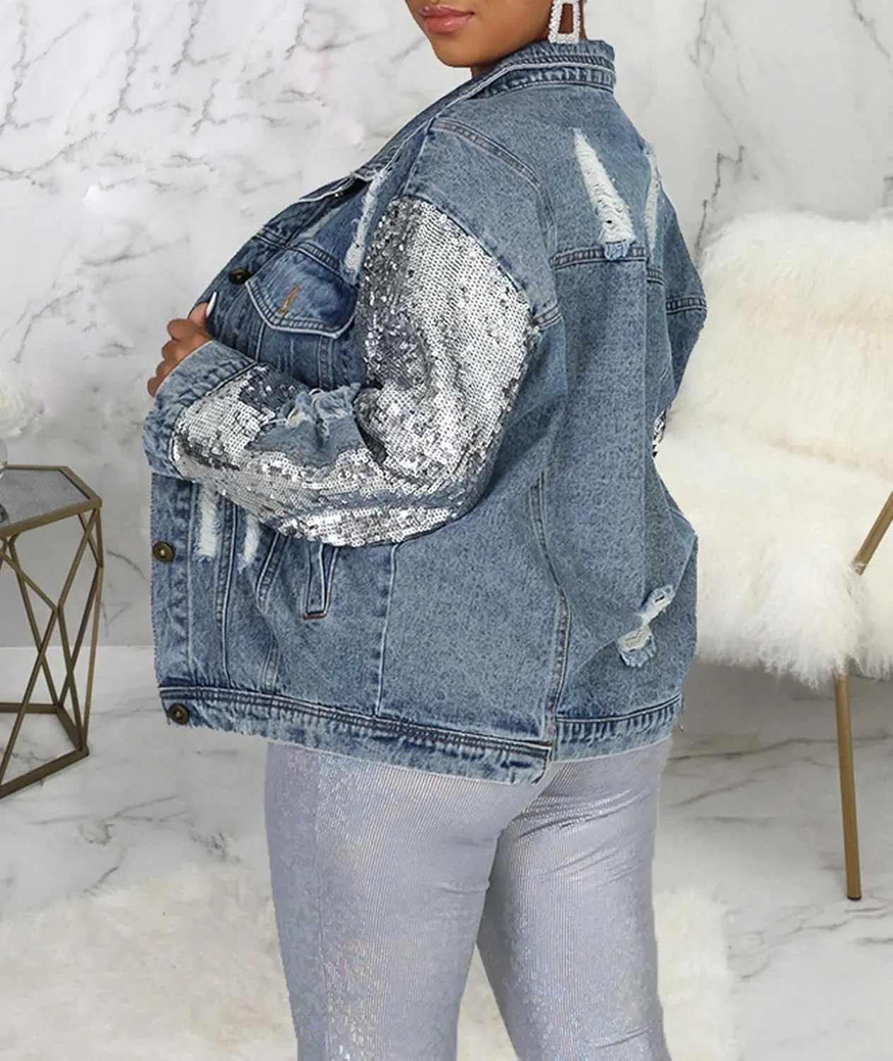 SOMTHRON Women's Sequin Long Sleeve Ripped Denim Jackets Glitter Sparkly Button Down Distressed Jean Coats Outwear