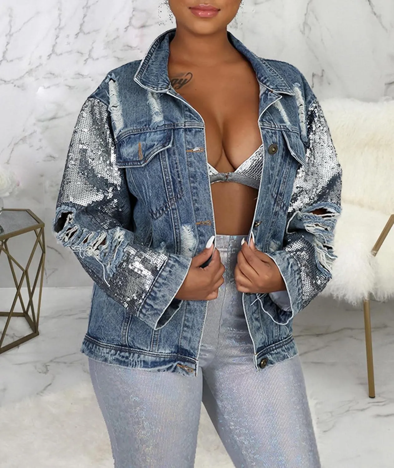 SOMTHRON Women's Sequin Long Sleeve Ripped Denim Jackets Glitter Sparkly Button Down Distressed Jean Coats Outwear