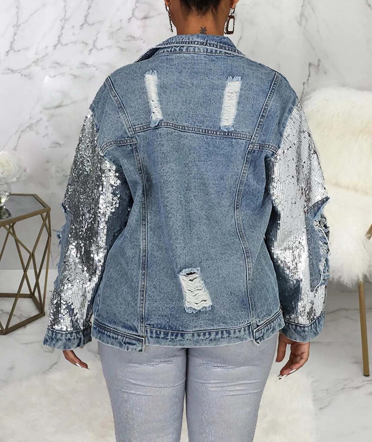 SOMTHRON Women's Sequin Long Sleeve Ripped Denim Jackets Glitter Sparkly Button Down Distressed Jean Coats Outwear