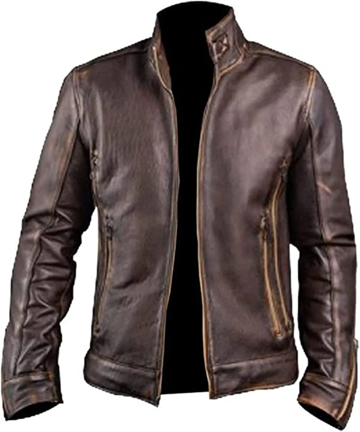 SpazeUp Mens Brown Distressed Leather Jacket | Vintage Motorcycle Leather Jackets for Men