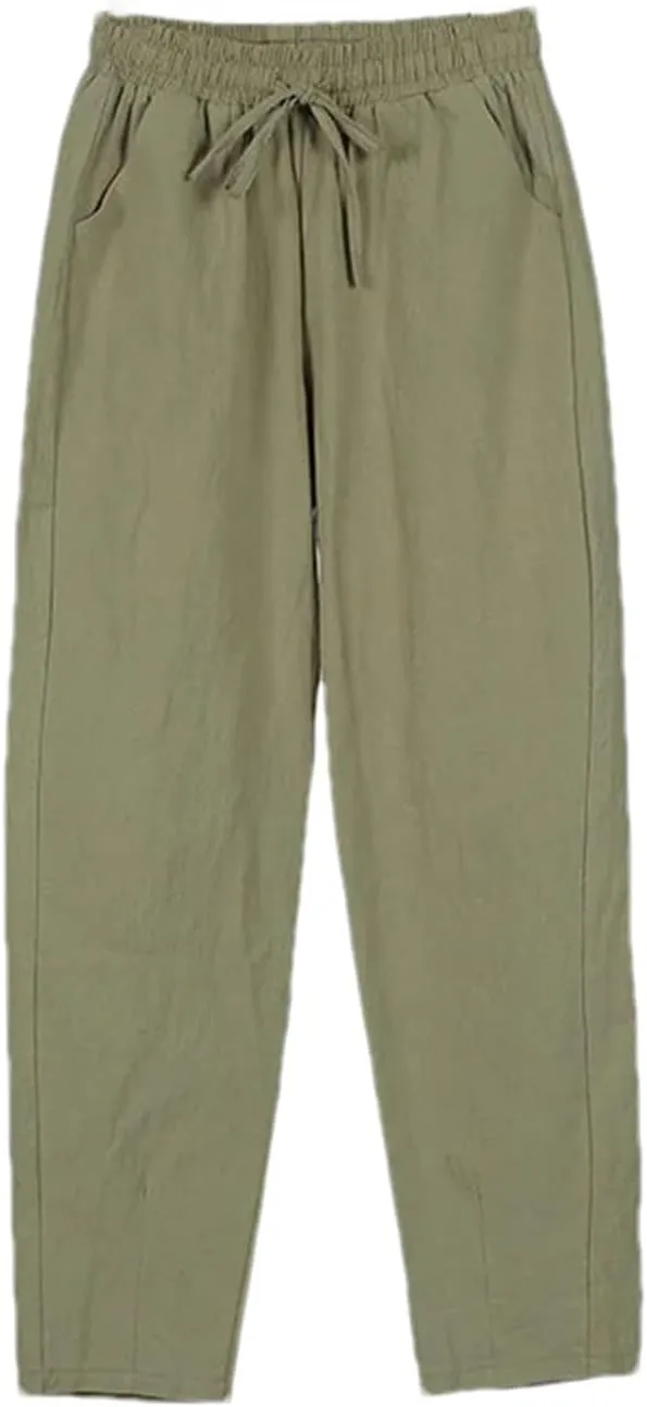 Spring Summer Pants for Women - Cotton Linen Solid Color, Elastic Waist, Casual Female Trousers