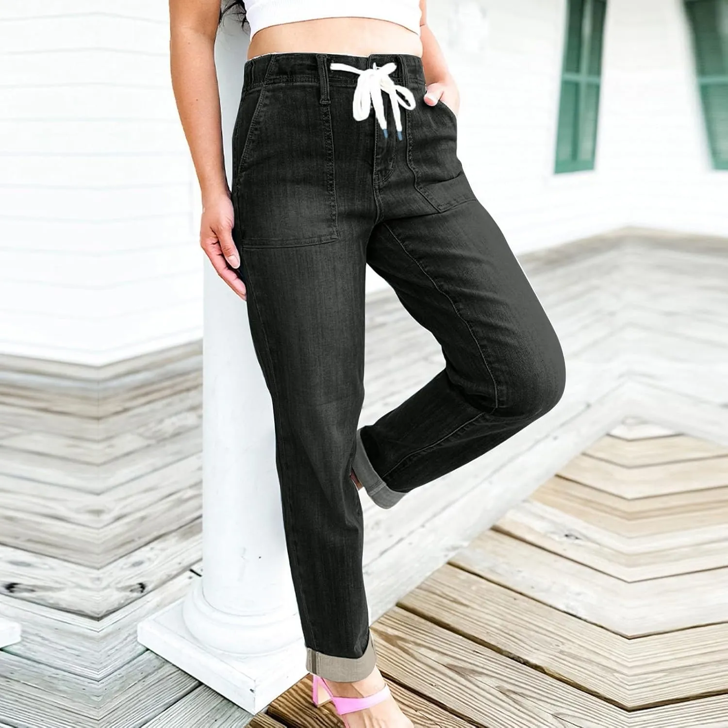Straight Leg Jeans for Women Drawstring Elastic Waist Pull On Jeans Stretchy Boyfriend Baggy Cropped Denim Joggers
