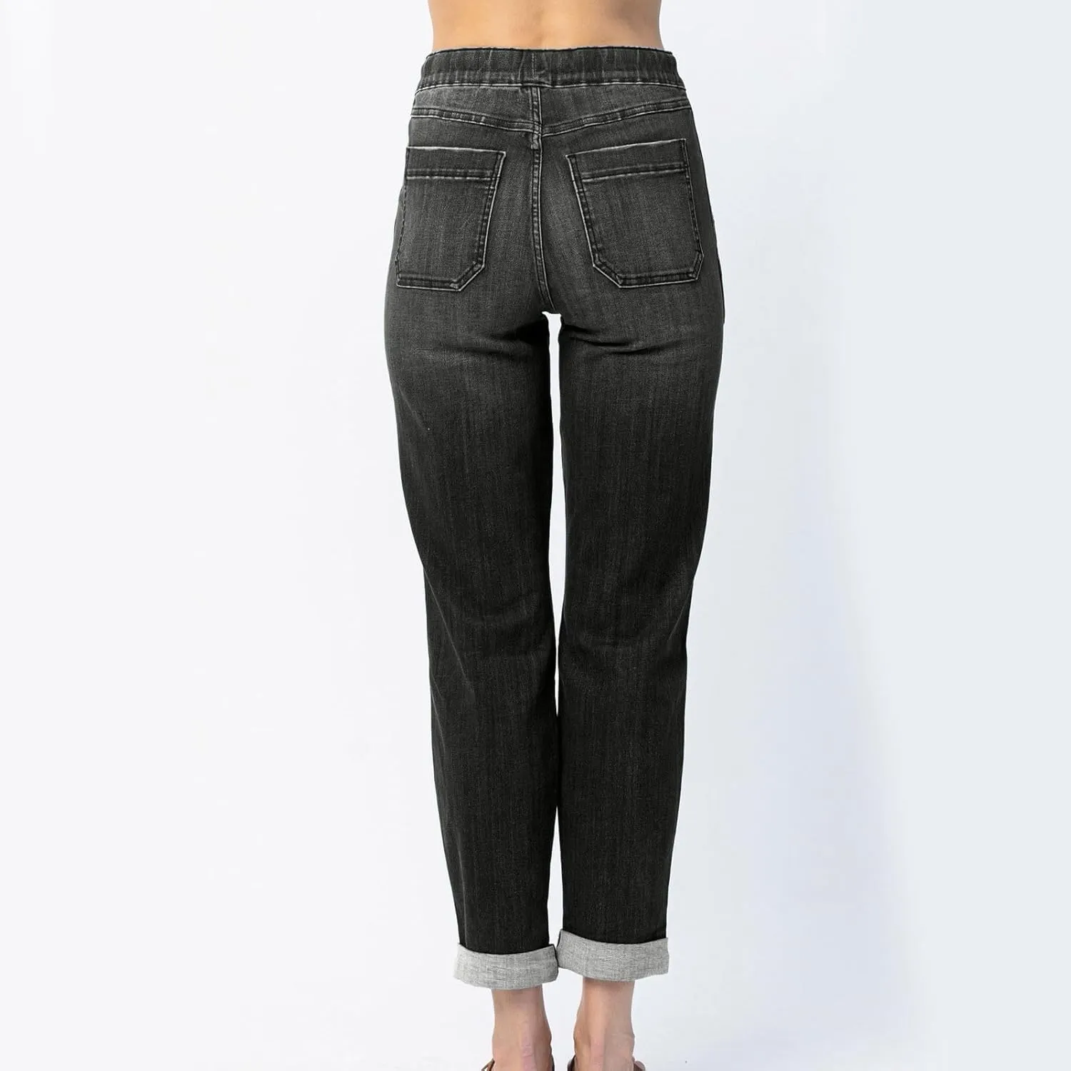 Straight Leg Jeans for Women Drawstring Elastic Waist Pull On Jeans Stretchy Boyfriend Baggy Cropped Denim Joggers