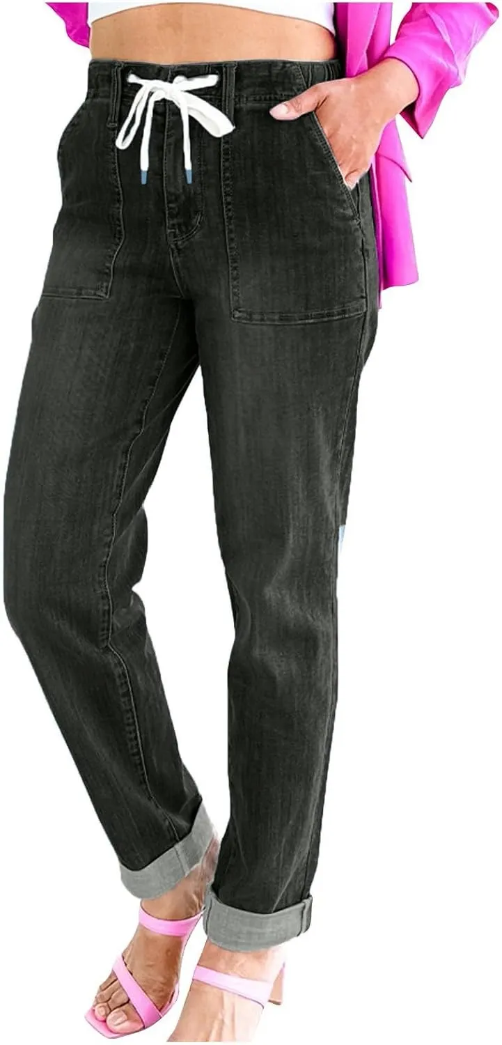 Straight Leg Jeans for Women Drawstring Elastic Waist Pull On Jeans Stretchy Boyfriend Baggy Cropped Denim Joggers