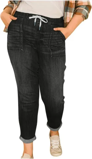 Straight Leg Jeans for Women Drawstring Elastic Waist Pull On Jeans Stretchy Boyfriend Baggy Cropped Denim Joggers