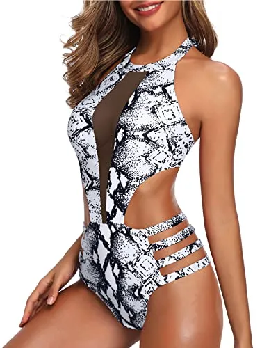 Strap Waist Mesh Patchwork One Piece Monokini Swimwear-Black And White Snake Print