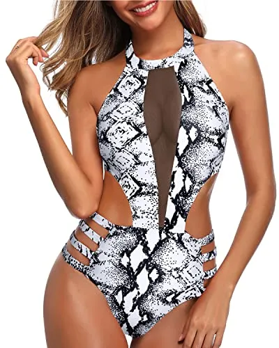 Strap Waist Mesh Patchwork One Piece Monokini Swimwear-Black And White Snake Print