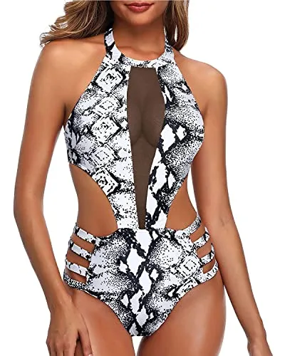 Strap Waist Mesh Patchwork One Piece Monokini Swimwear-Black And White Snake Print