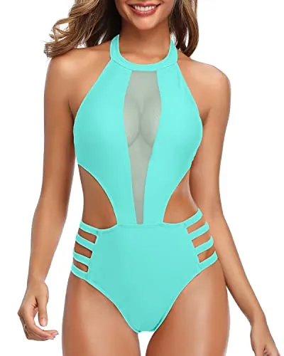 Sultry High Neck Halter Cutout One Piece Swimsuit For Women-Aqua