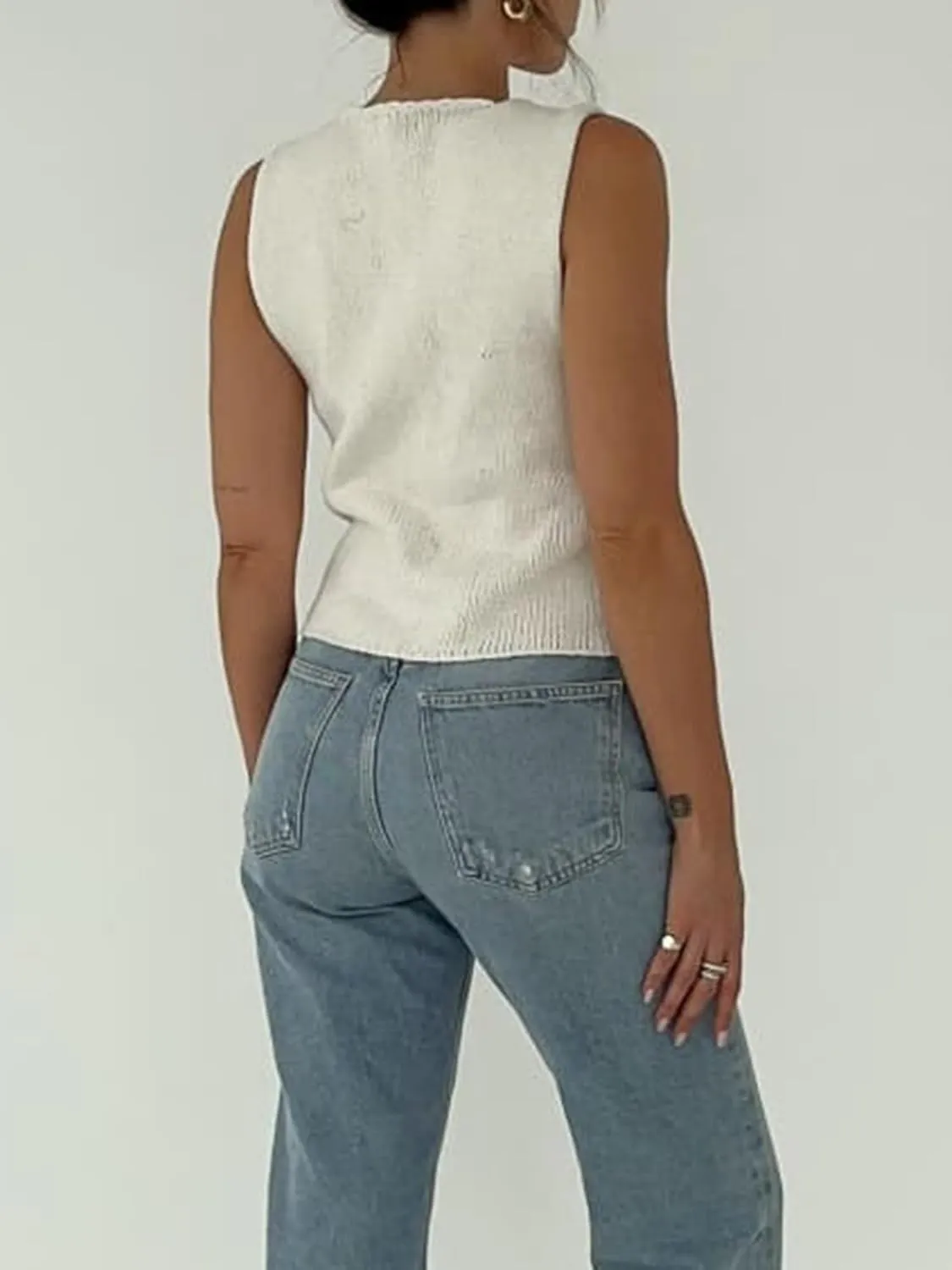 Sunloudy Women Knit Vest Tops Sleeveless Tie Front Crochet Vest V Neck Vintage Crop Sweater Tank Going Out Streetwear