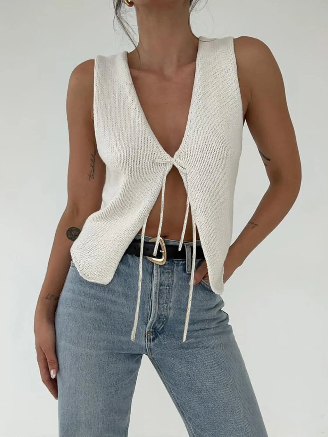 Sunloudy Women Knit Vest Tops Sleeveless Tie Front Crochet Vest V Neck Vintage Crop Sweater Tank Going Out Streetwear