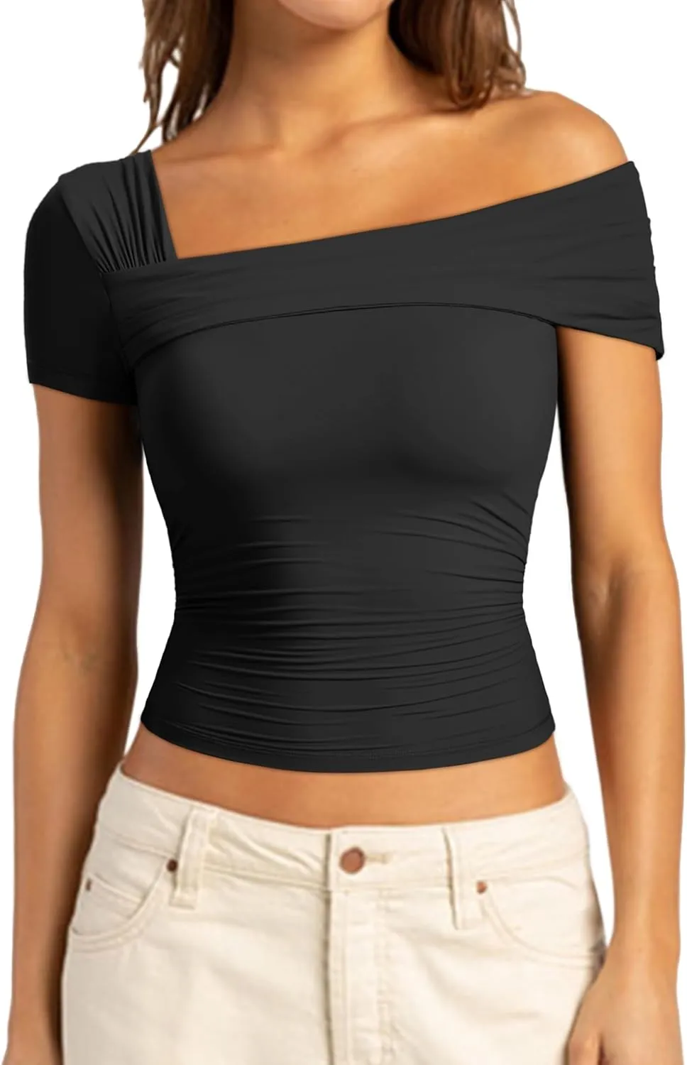 SUUKSESS Women One Off The Shoulder Summer Tank Tops Ruched Short Sleeve Shirts