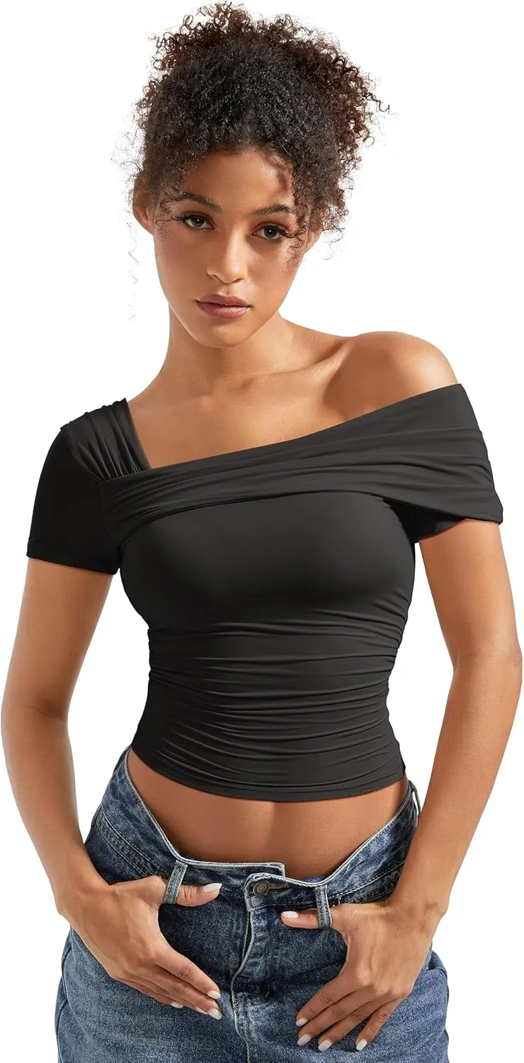 SUUKSESS Women One Off The Shoulder Summer Tank Tops Ruched Short Sleeve Shirts