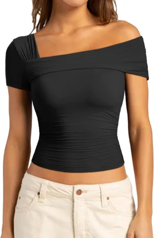 SUUKSESS Women One Off The Shoulder Summer Tank Tops Ruched Short Sleeve Shirts