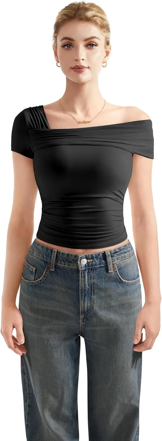 SUUKSESS Women One Off The Shoulder Summer Tank Tops Ruched Short Sleeve Shirts