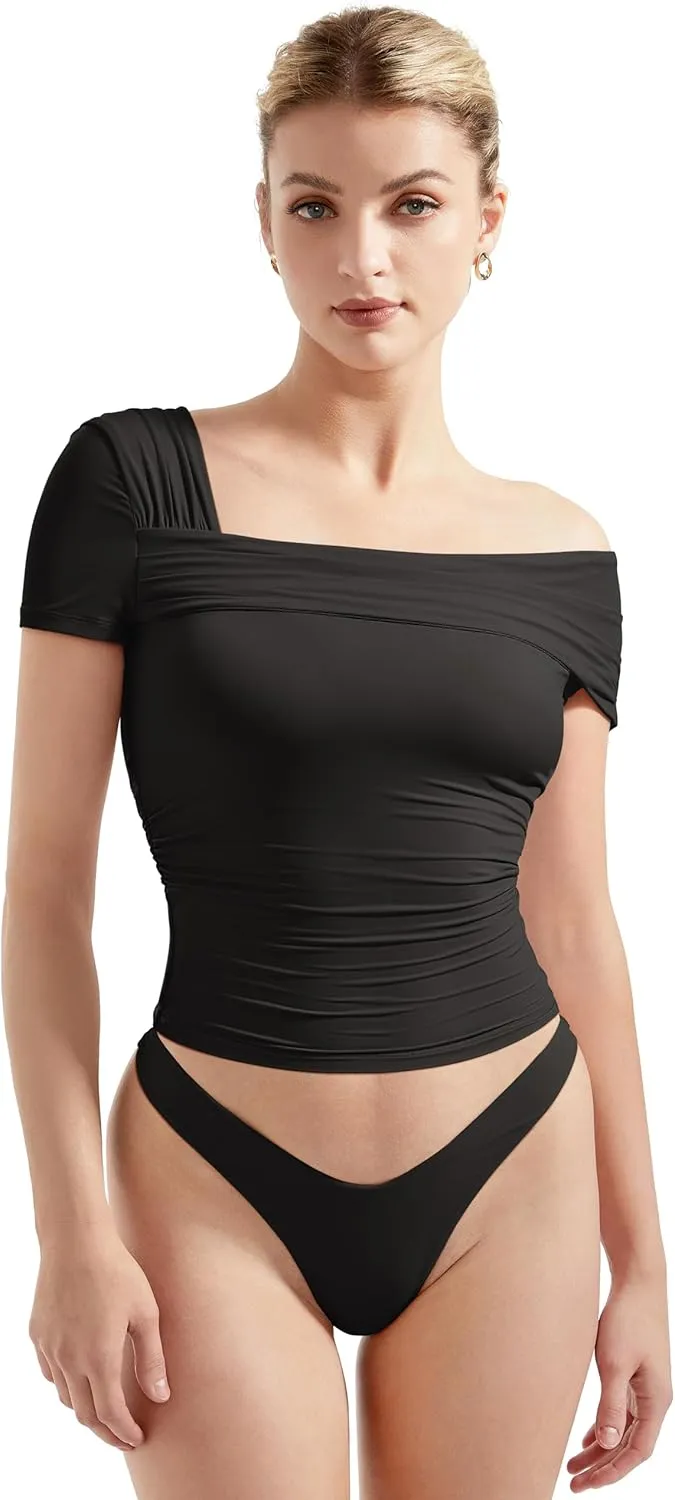 SUUKSESS Women One Off The Shoulder Summer Tank Tops Ruched Short Sleeve Shirts