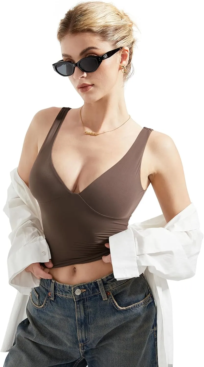 SUUKSESS Women Sexy V Neck V Back Tank Top Summer Sleeveless Going Out Double Lined Basic Tops