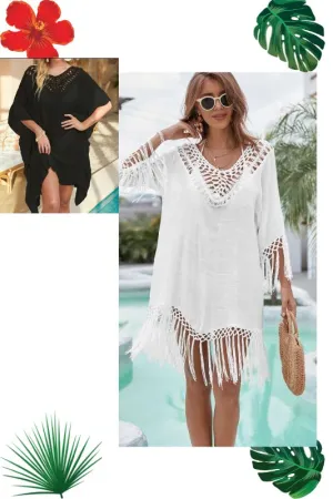 Swim Coverups One Size - Black Ruffle, White Fringe