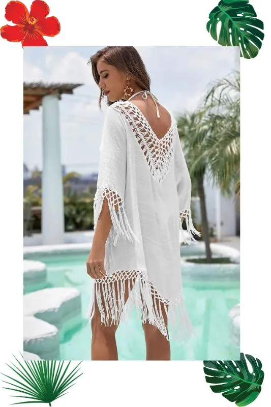 Swim Coverups One Size - Black Ruffle, White Fringe