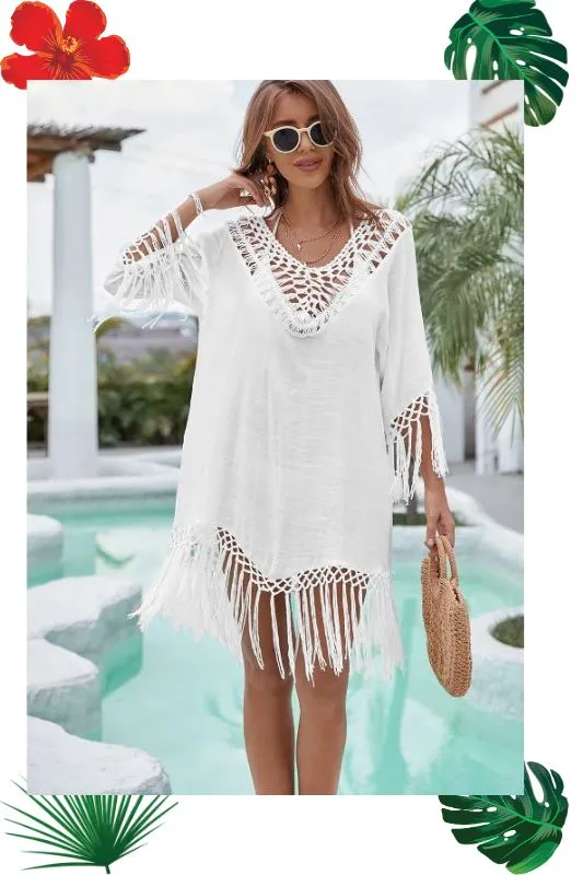 Swim Coverups One Size - Black Ruffle, White Fringe