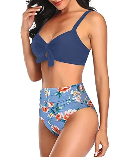 Swimming Pool Two Piece Swimwear For Women Bathing Suits Bikini-Blue Flowers