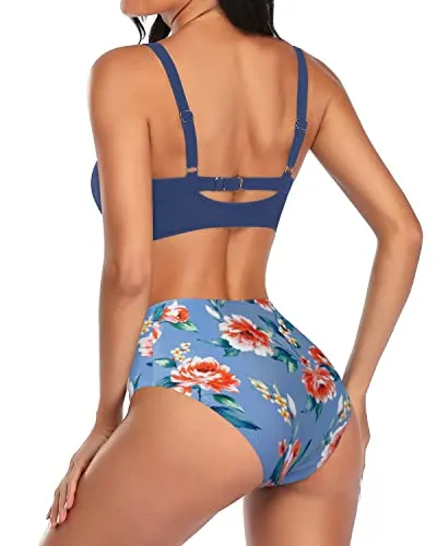 Swimming Pool Two Piece Swimwear For Women Bathing Suits Bikini-Blue Flowers