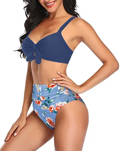 Swimming Pool Two Piece Swimwear For Women Bathing Suits Bikini-Blue Flowers