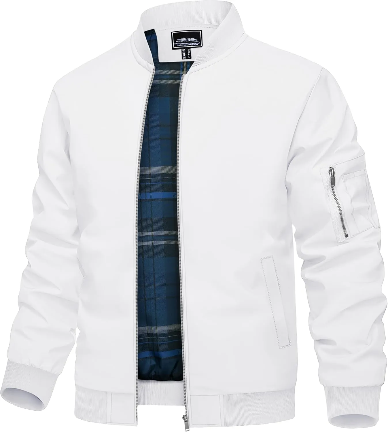 TACVASEN Men's Bomber Jacket Windproof Full Zip Up Windbreaker Plaid Lined Lightweight Casual Spring Fall Coat with 4 Pockets