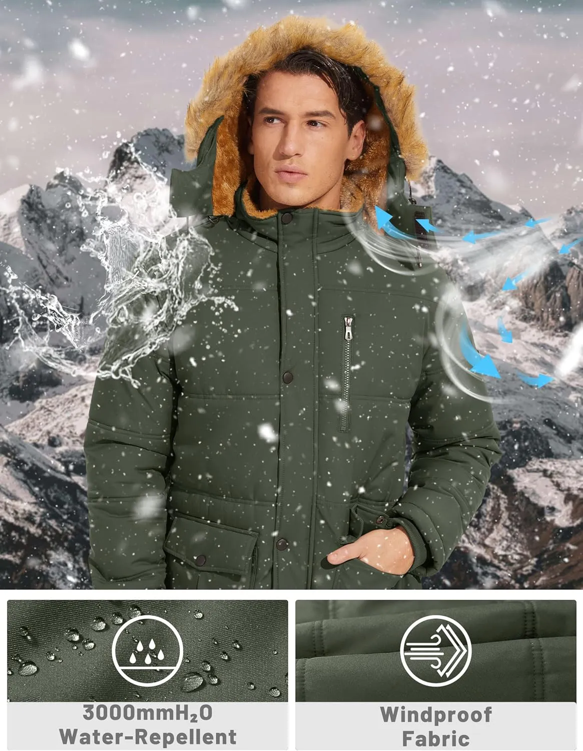 TACVASEN Men's Winter Jacket with Hood Water Repellent Windproof Thicken Parka Winter Coat