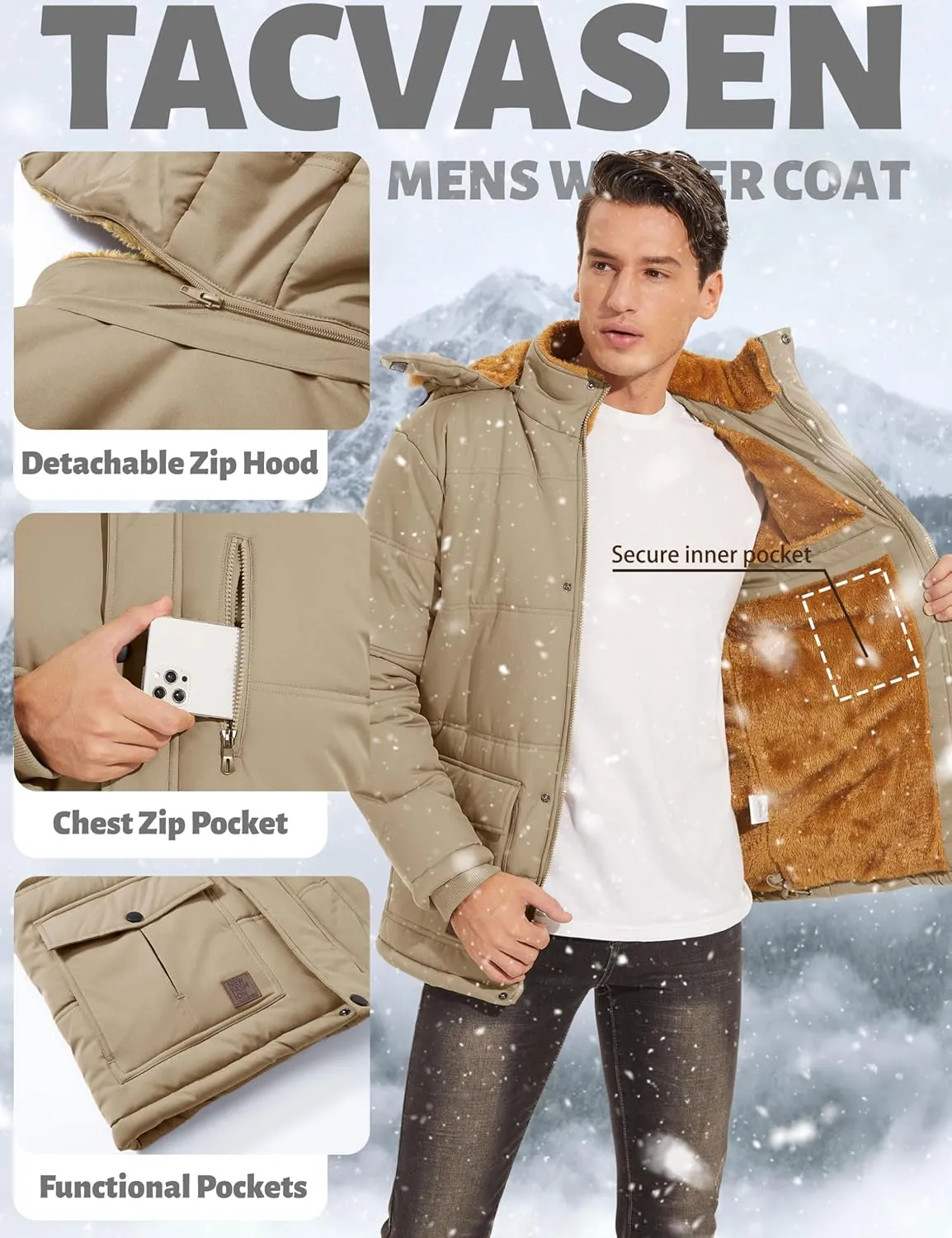 TACVASEN Men's Winter Jacket with Hood Water Repellent Windproof Thicken Parka Winter Coat