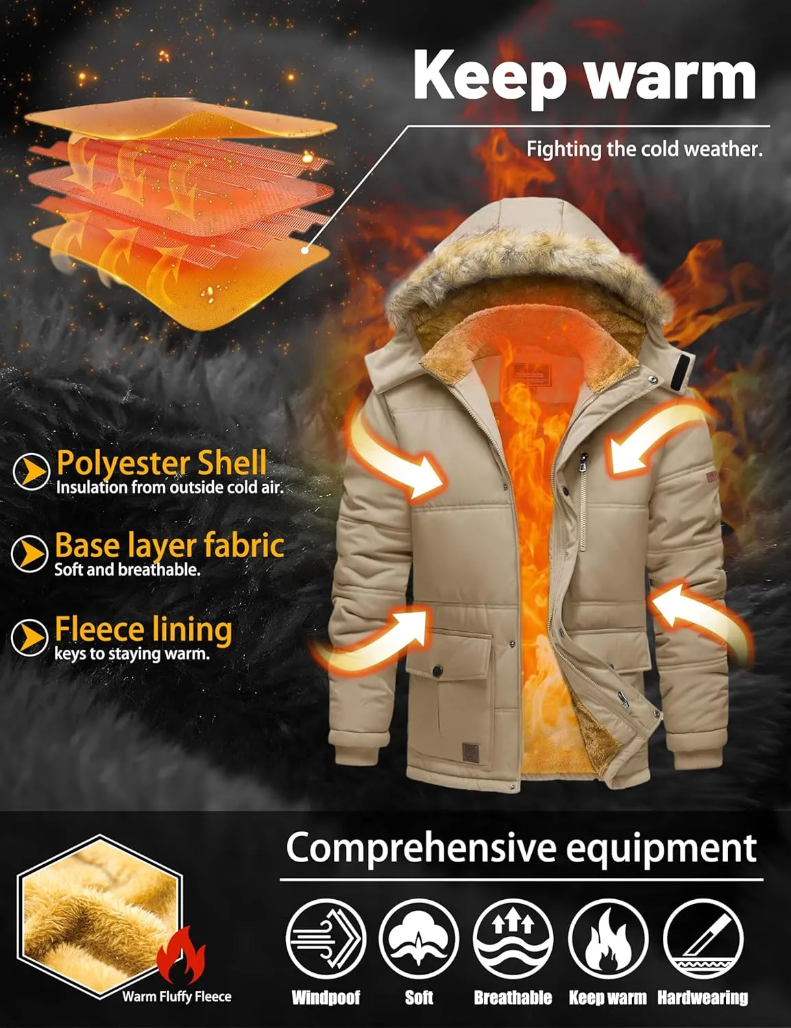 TACVASEN Men's Winter Jacket with Hood Water Repellent Windproof Thicken Parka Winter Coat