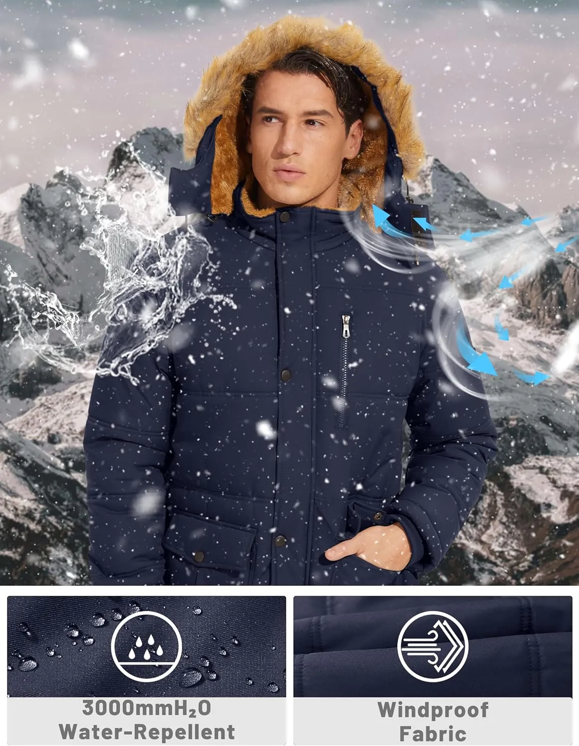 TACVASEN Men's Winter Jacket with Hood Water Repellent Windproof Thicken Parka Winter Coat