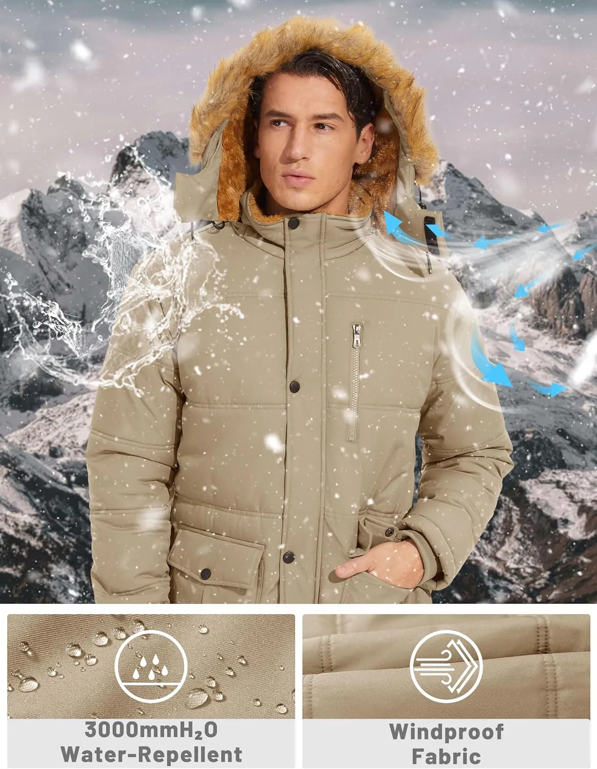 TACVASEN Men's Winter Jacket with Hood Water Repellent Windproof Thicken Parka Winter Coat