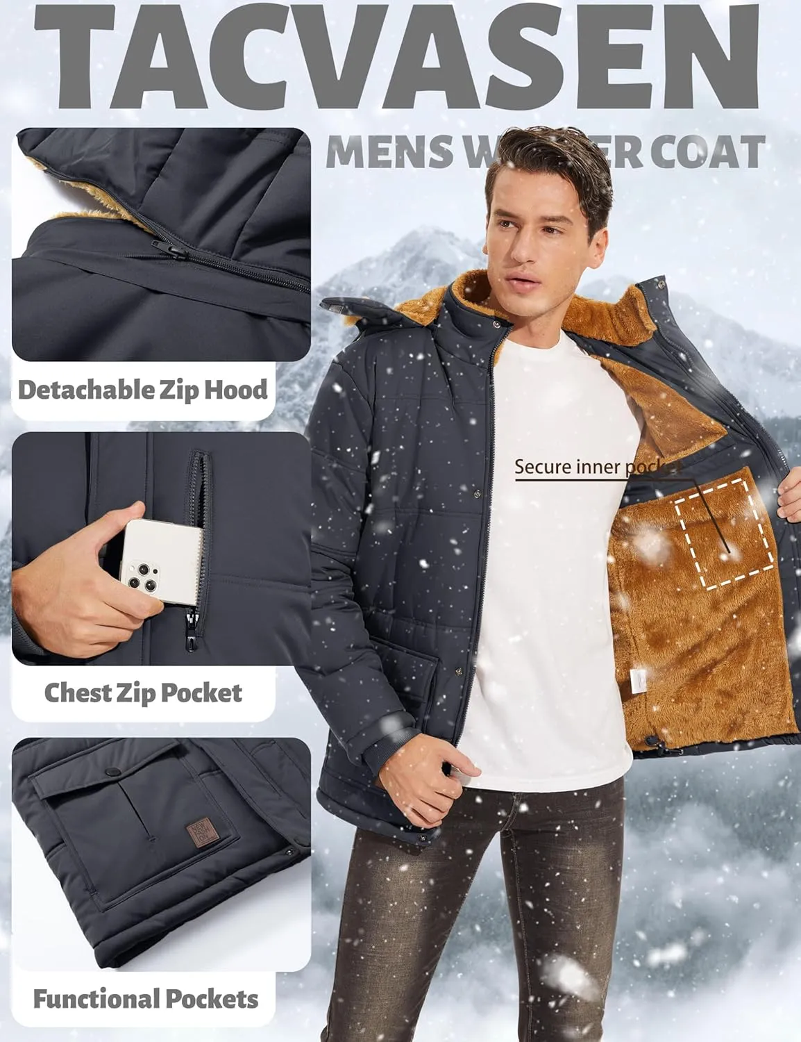 TACVASEN Men's Winter Jacket with Hood Water Repellent Windproof Thicken Parka Winter Coat