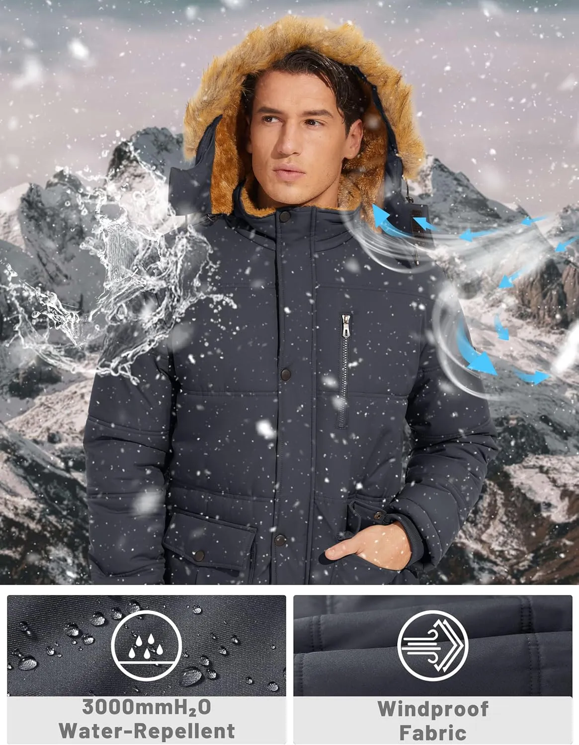 TACVASEN Men's Winter Jacket with Hood Water Repellent Windproof Thicken Parka Winter Coat