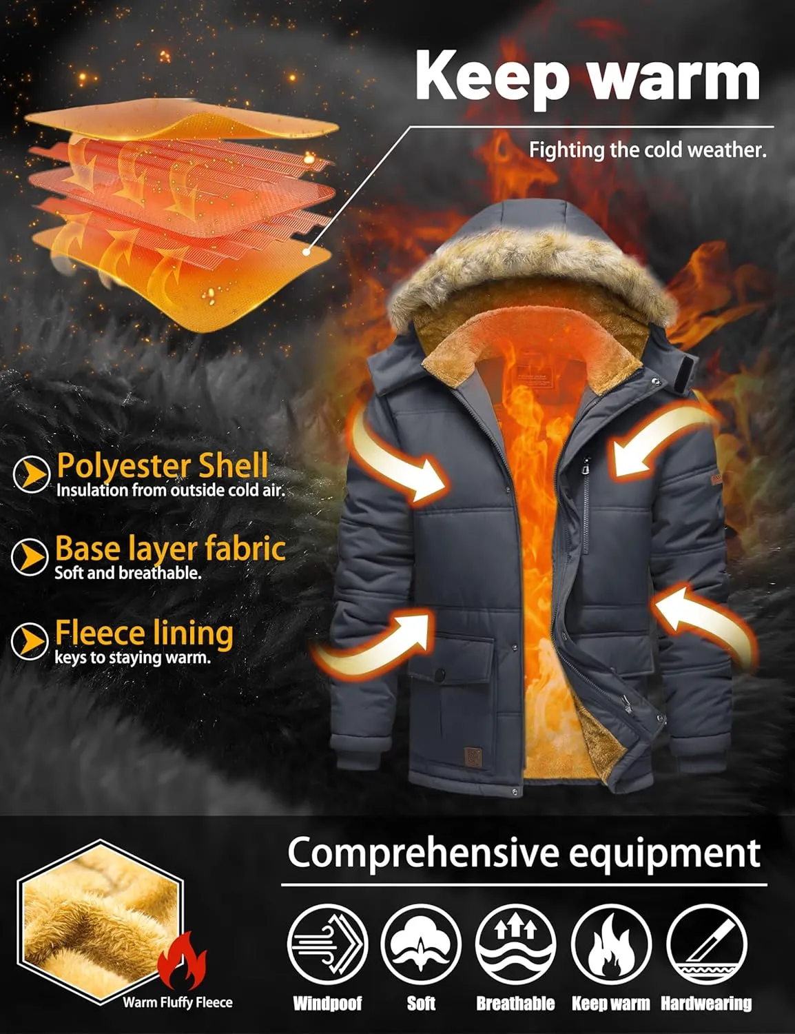 TACVASEN Men's Winter Jacket with Hood Water Repellent Windproof Thicken Parka Winter Coat