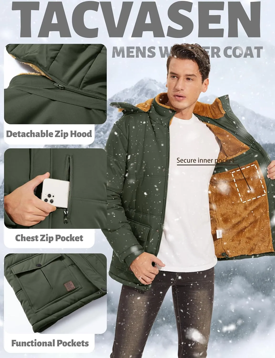 TACVASEN Men's Winter Jacket with Hood Water Repellent Windproof Thicken Parka Winter Coat