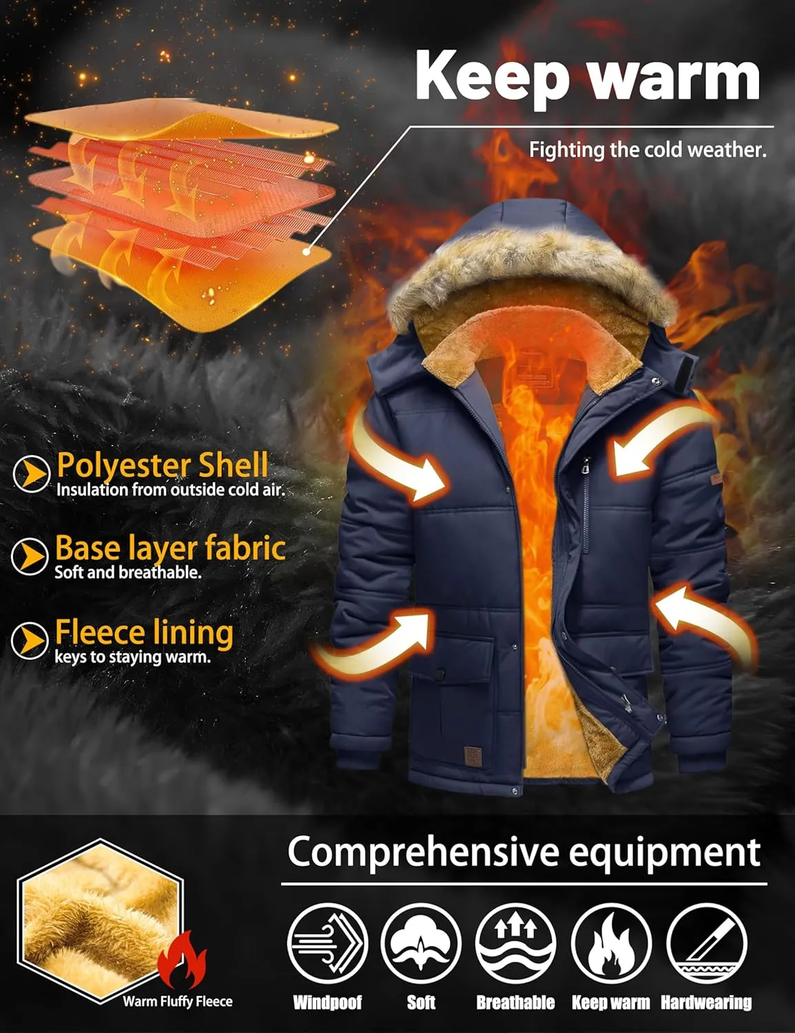 TACVASEN Men's Winter Jacket with Hood Water Repellent Windproof Thicken Parka Winter Coat