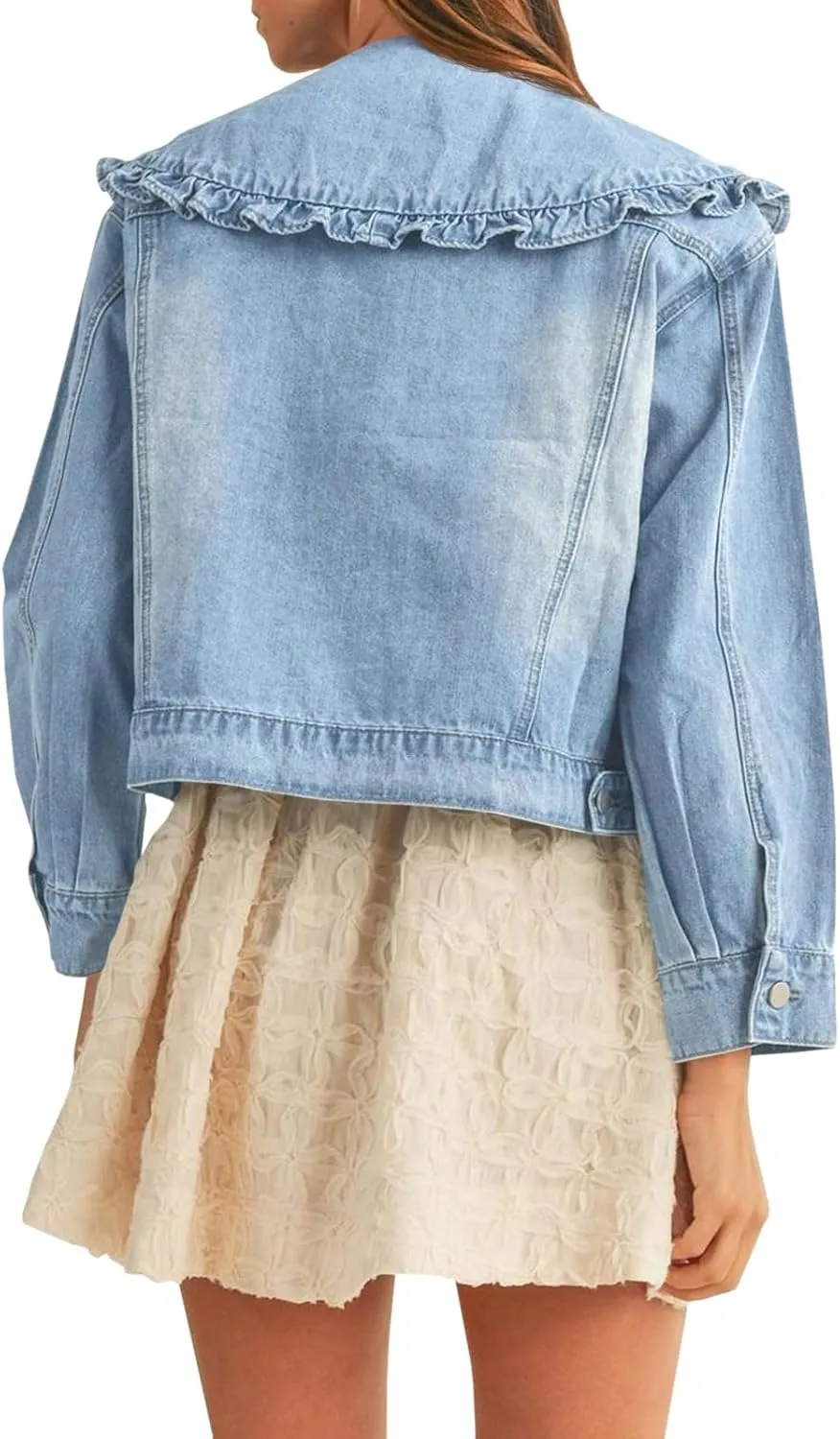 Takaneo Womens Denim Jacket Peter Pan Collar Cute Cropped Long Sleeve Shirts Jean Coat with Pockets