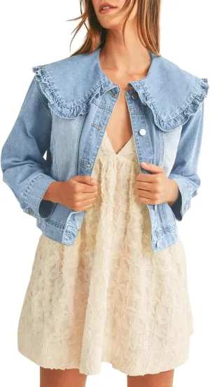 Takaneo Womens Denim Jacket Peter Pan Collar Cute Cropped Long Sleeve Shirts Jean Coat with Pockets