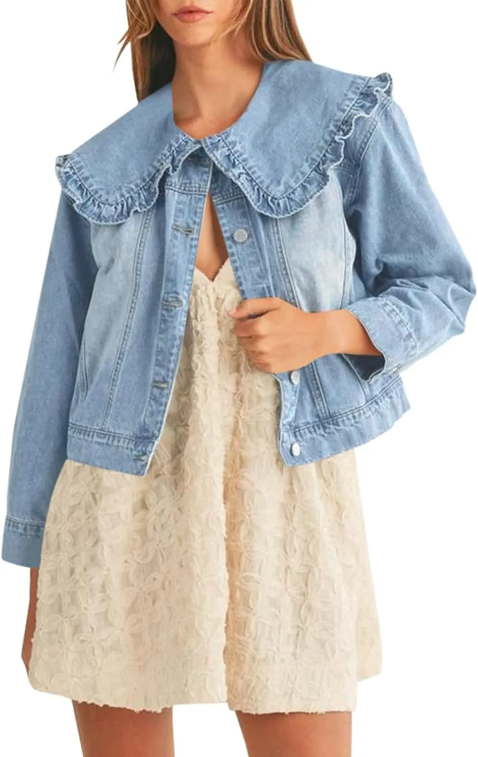 Takaneo Womens Denim Jacket Peter Pan Collar Cute Cropped Long Sleeve Shirts Jean Coat with Pockets