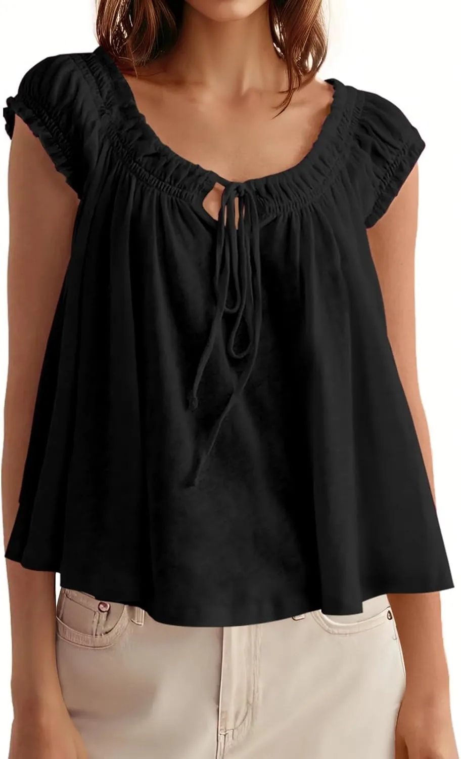 Tankaneo Women Summer Tie Front Tank Tops Cap Sleeve Pleated Babydoll Tops Casual Loose Fit Going Out Flowy Shirt